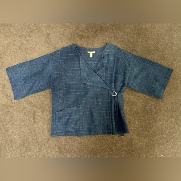 Eileen Fisher Jackets & Blazers - Eileen Fisher Blue Linen Asian Wrap Top with Ring Closure Detail